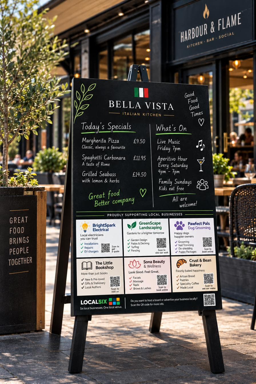 Example LocalSix board at Bella Vista, a italian restaurant